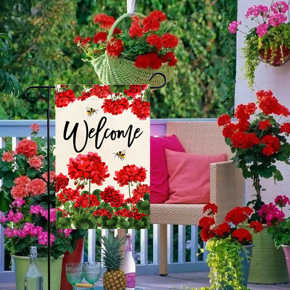 Baccessor geranium welcome flag back view demonstrates consistency of design from every yard side.
