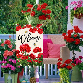Baccessor geranium welcome flag back view demonstrates consistency of design from every yard side.