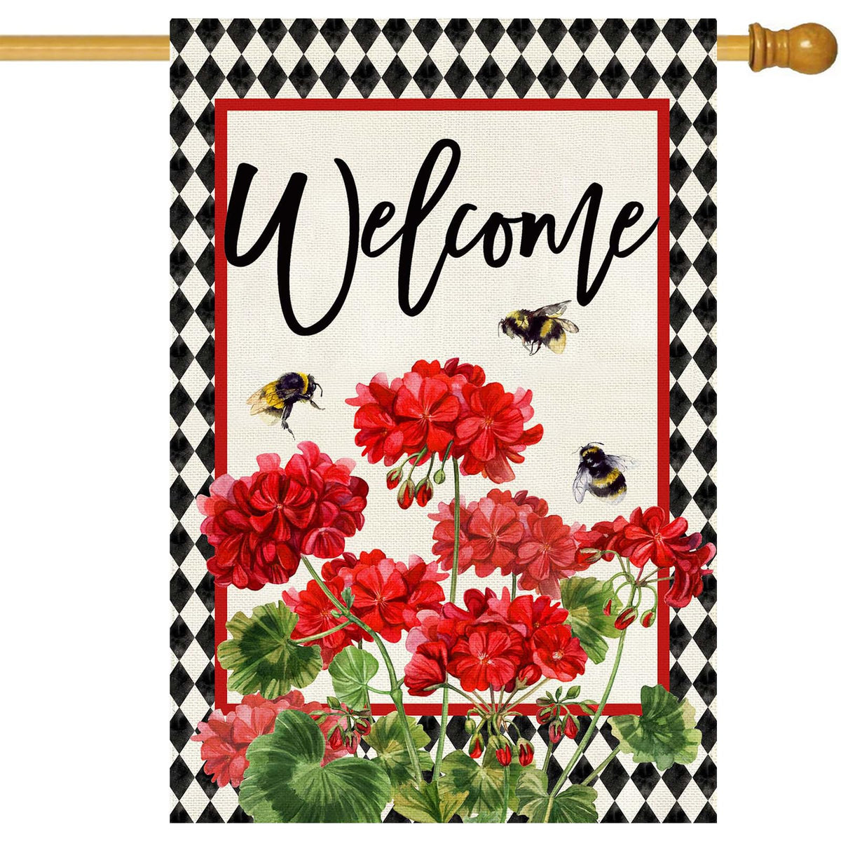 Baccessor geranium welcome flag double-sided for outdoor curb appeal
