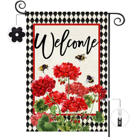 Baccessor geranium welcome flag double-sided for high visibility from both yard angles
