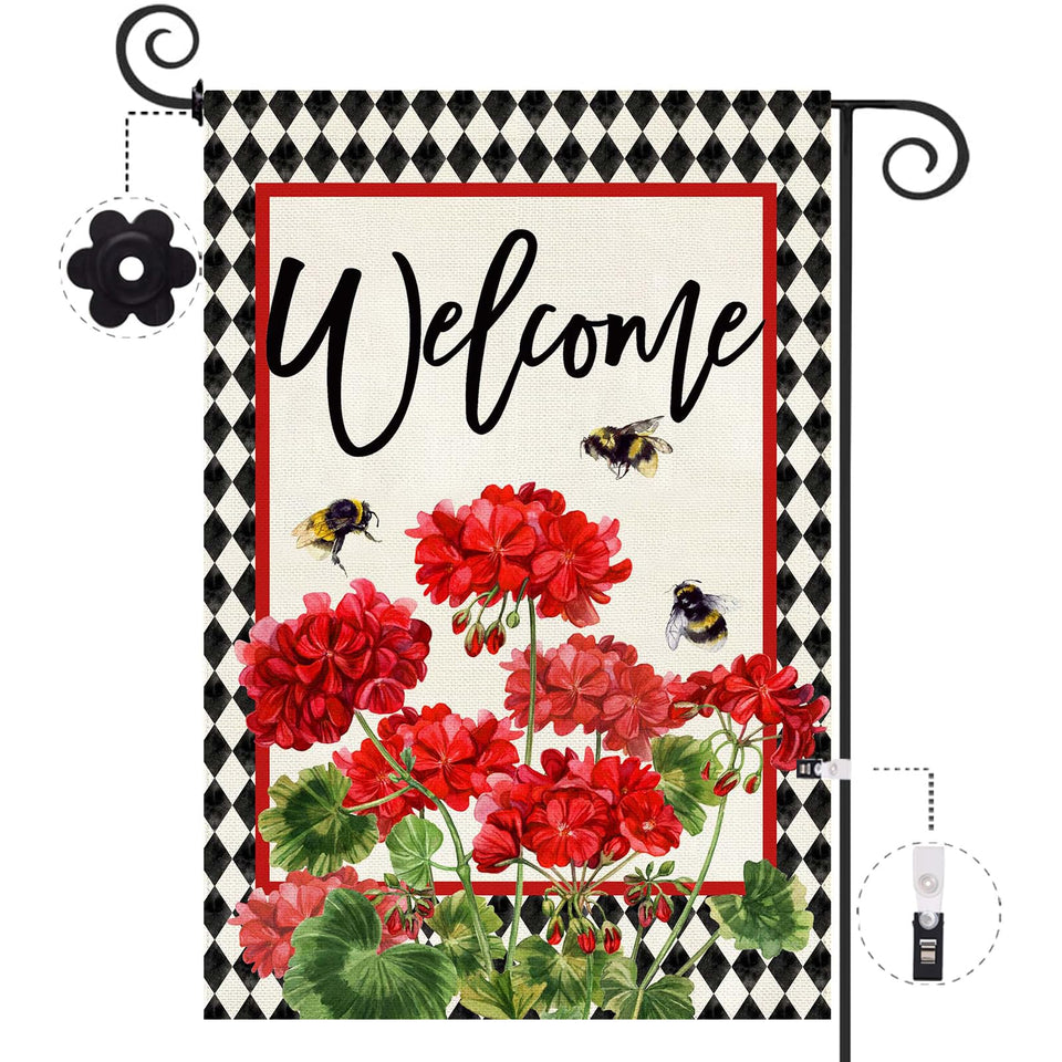 Baccessor geranium welcome flag double-sided for high visibility from both yard angles