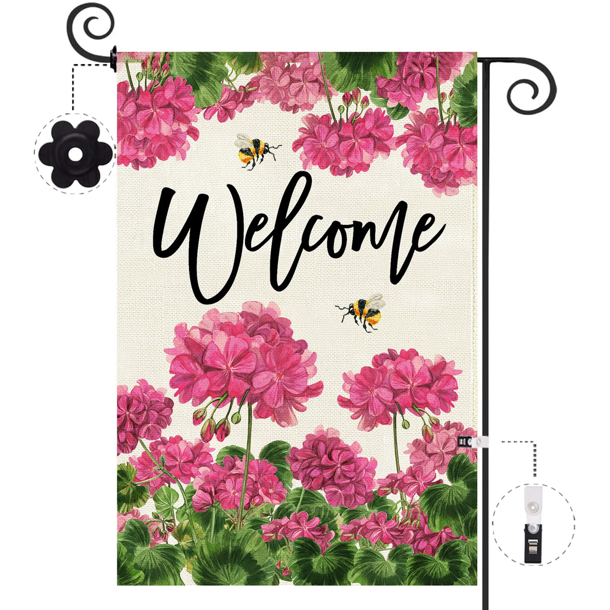 Baccessor geranium welcome flag double-sided print for year-round curb appeal.