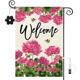 Baccessor geranium welcome flag double-sided print for year-round curb appeal.