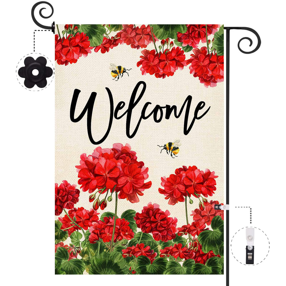 Baccessor geranium welcome flag front view shows double-sided print for clear greeting from both angles.