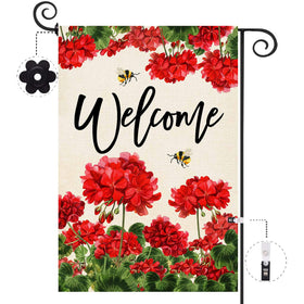 Baccessor geranium welcome flag front view shows double-sided print for clear greeting from both angles.