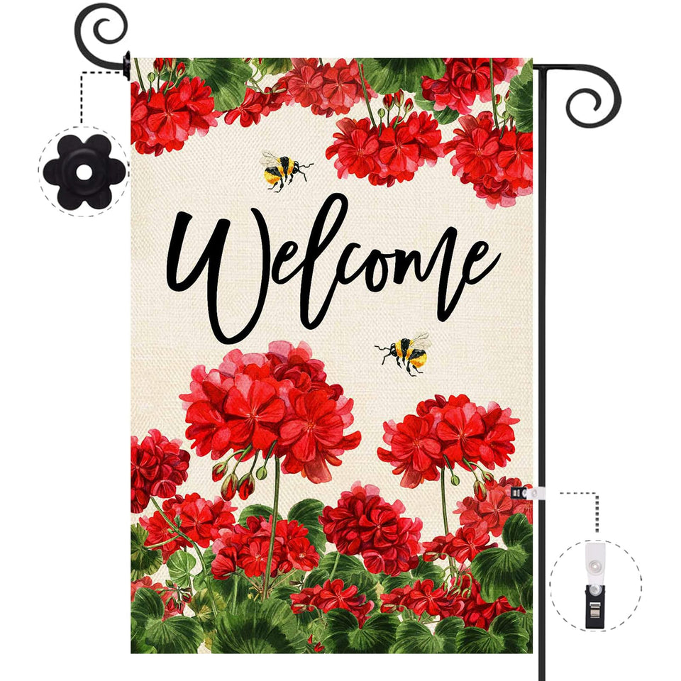 Baccessor geranium welcome flag front view shows double-sided print for clear greeting from both angles.