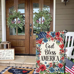 Baccessor God Bless America design flag, yard-friendly print keeps welcoming look outdoors.