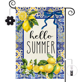 Baccessor Hello Summer lemon flag in front yard boosts curb appeal.