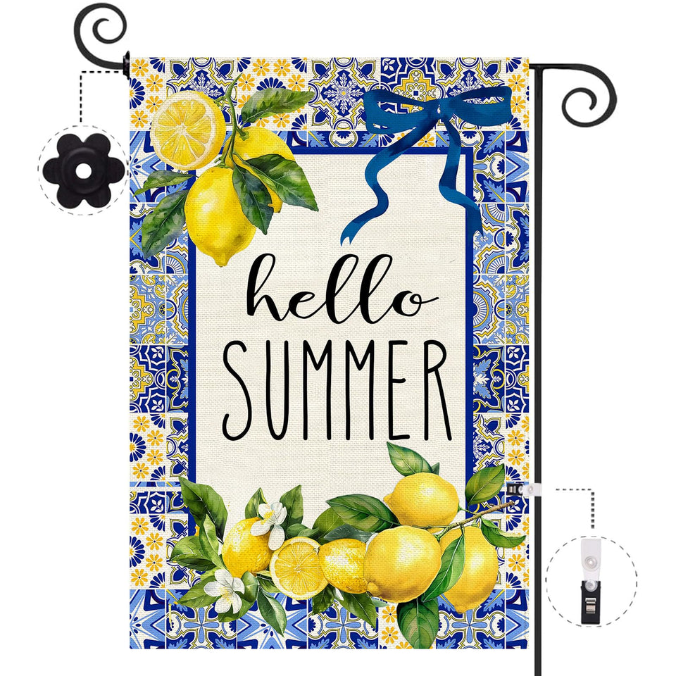 Baccessor Hello Summer lemon flag in front yard boosts curb appeal.