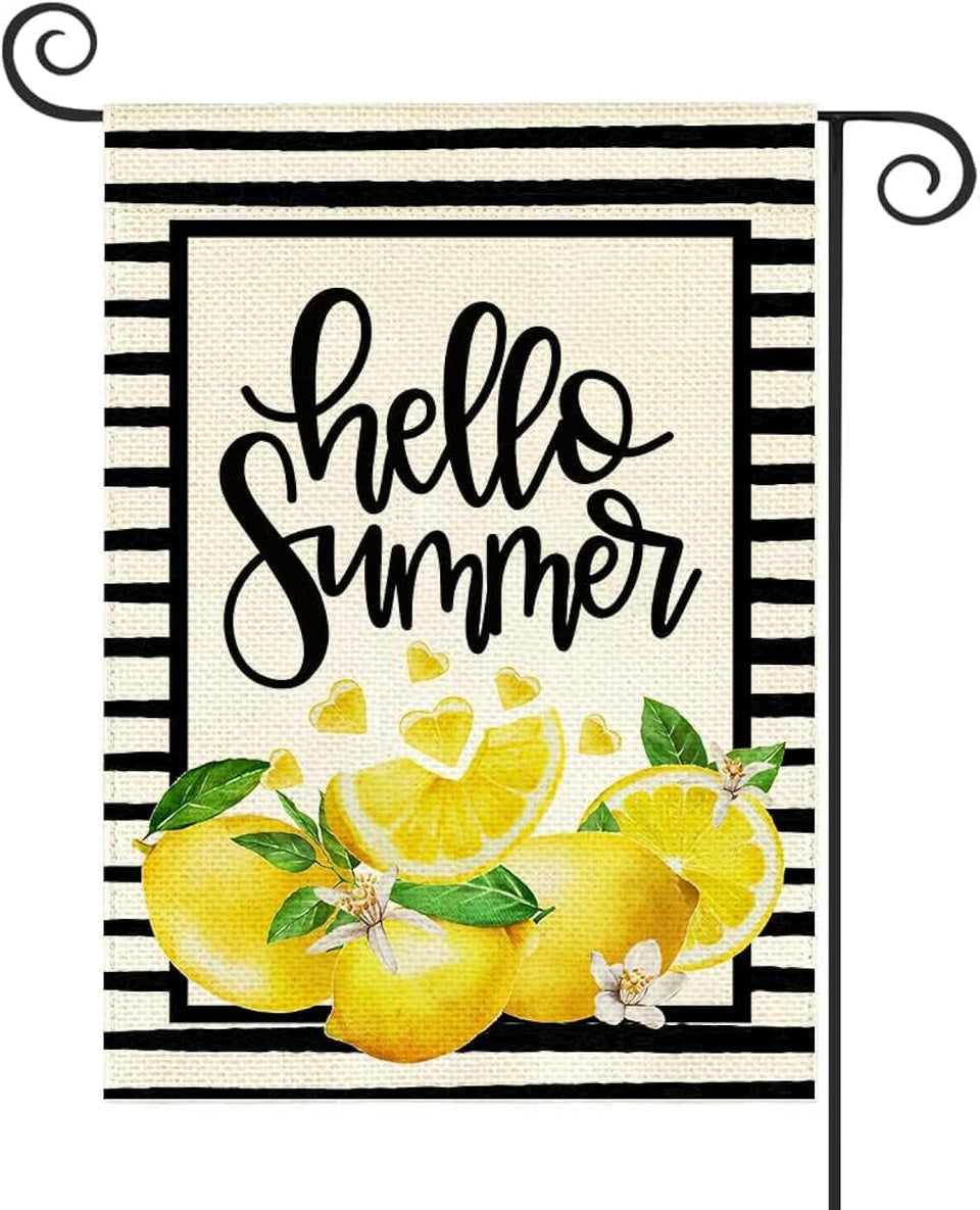 Baccessor Hello Summer Lemon Garden Flag front view shows bright lemon motif for welcoming outdoor spaces.
