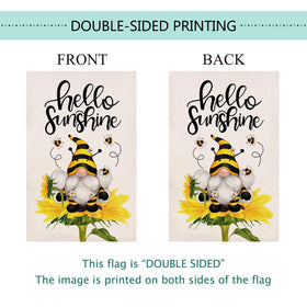 Baccessor Hello Sunshine flag uses burlap material with rustic texture and weather-ready finish.