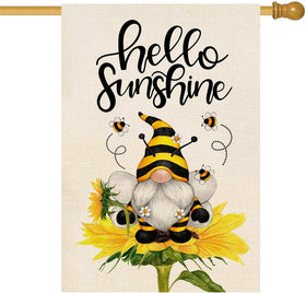 Baccessor Hello Sunshine flag front view with sunflower gnome design for cheerful outdoor decor.