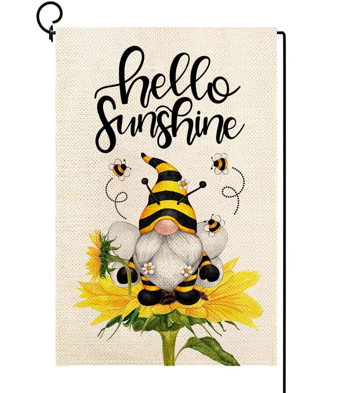 Baccessor Hello Sunshine flag with sunflowers and a gnome welcomes guests in sunny gardens.