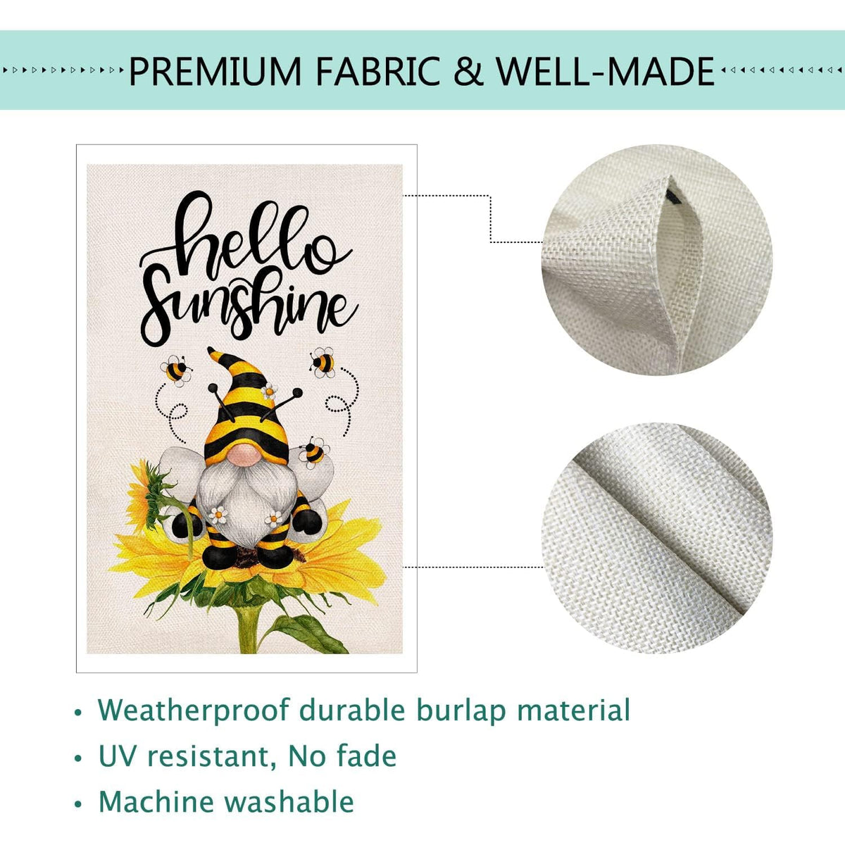Baccessor Hello Sunshine flag shows top sleeve for easy pole mounting.