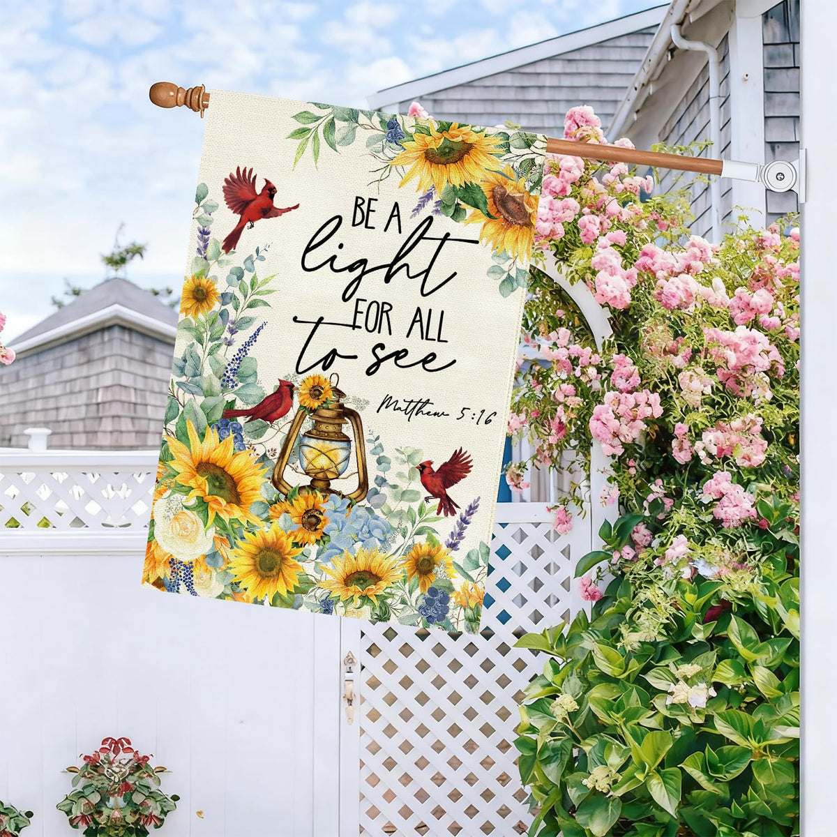 Large 28x40 outdoor flag displayed on porch for high visibility.