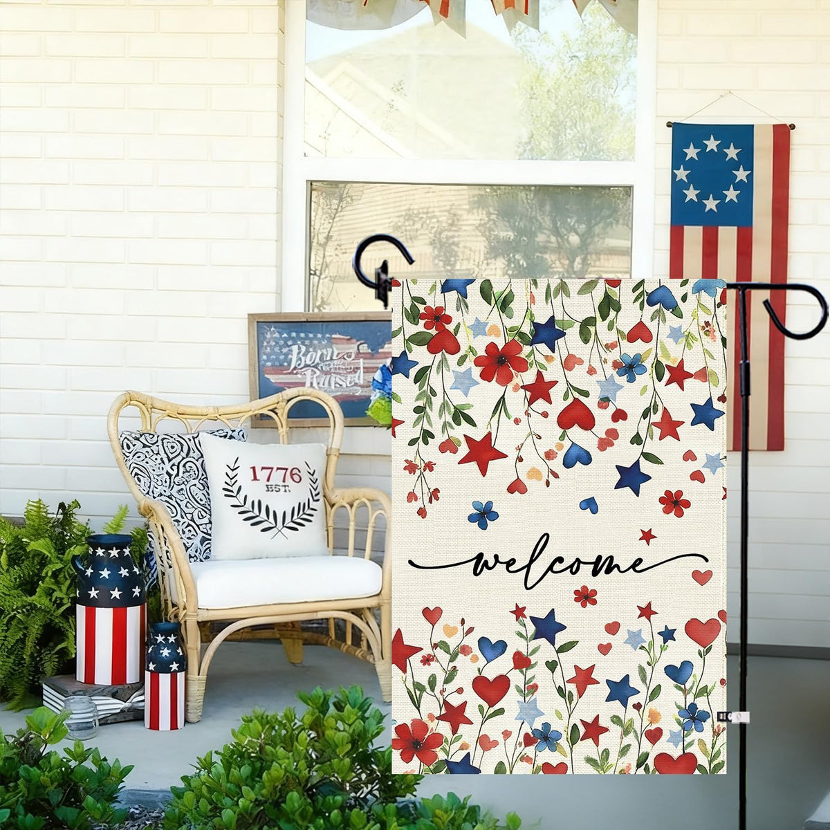 Baccessor memorial day flag with red and blue florals for welcoming spaces