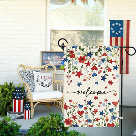 Baccessor memorial day flag with red and blue florals for welcoming spaces