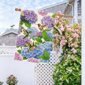 Baccessor outdoor yard flag featuring hydrangea blooms to brighten gardens.