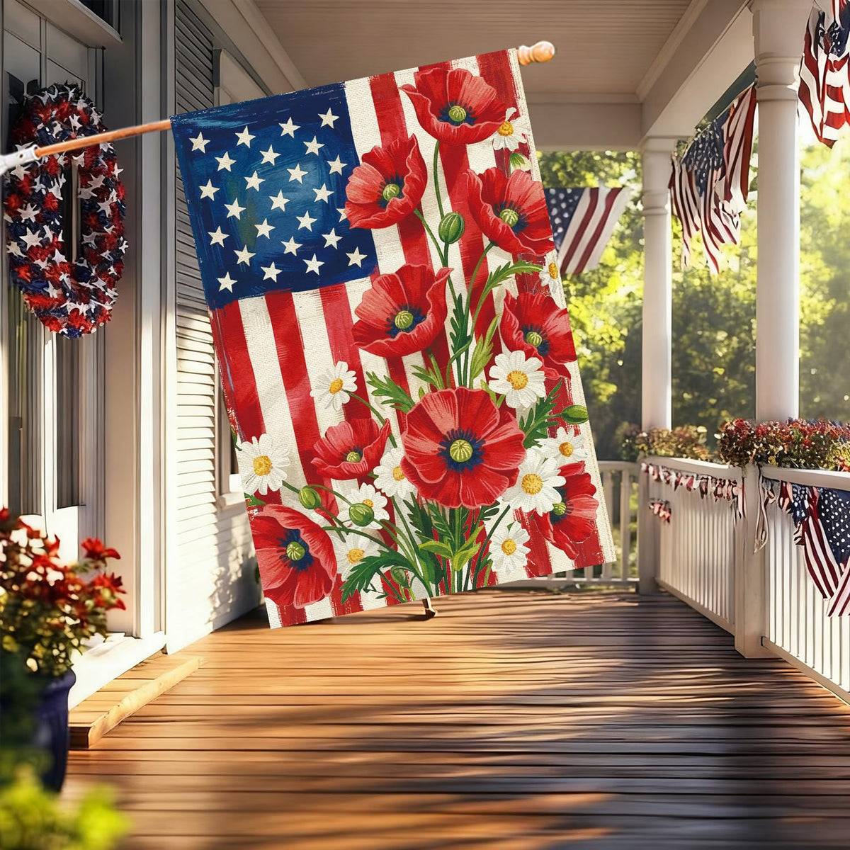 Baccessor patriotic floral flag outdoors enhances porch appeal with durable color
