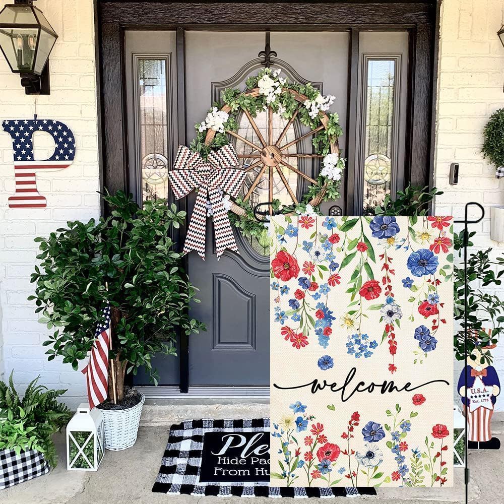 Baccessor patriotic garden flag with welcome sign brightens the yard.