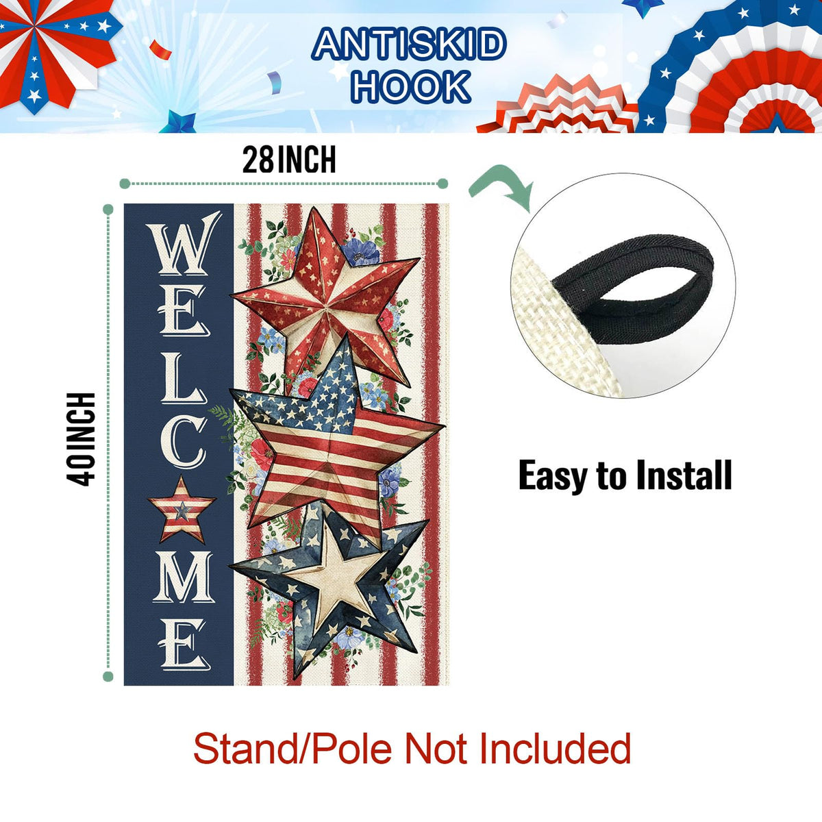 Baccessor patriotic flag 28x40 inches ready for standard flagpoles.