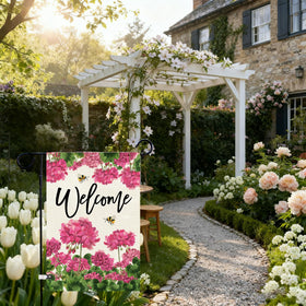 Baccessor pink floral bee flag close-up highlighting vibrant colors for outdoor display.
