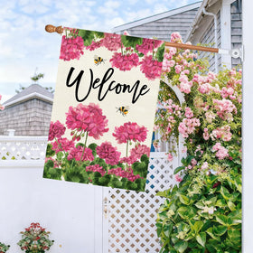 Pink floral garden flag featuring geraniums and bee accents for welcoming entry