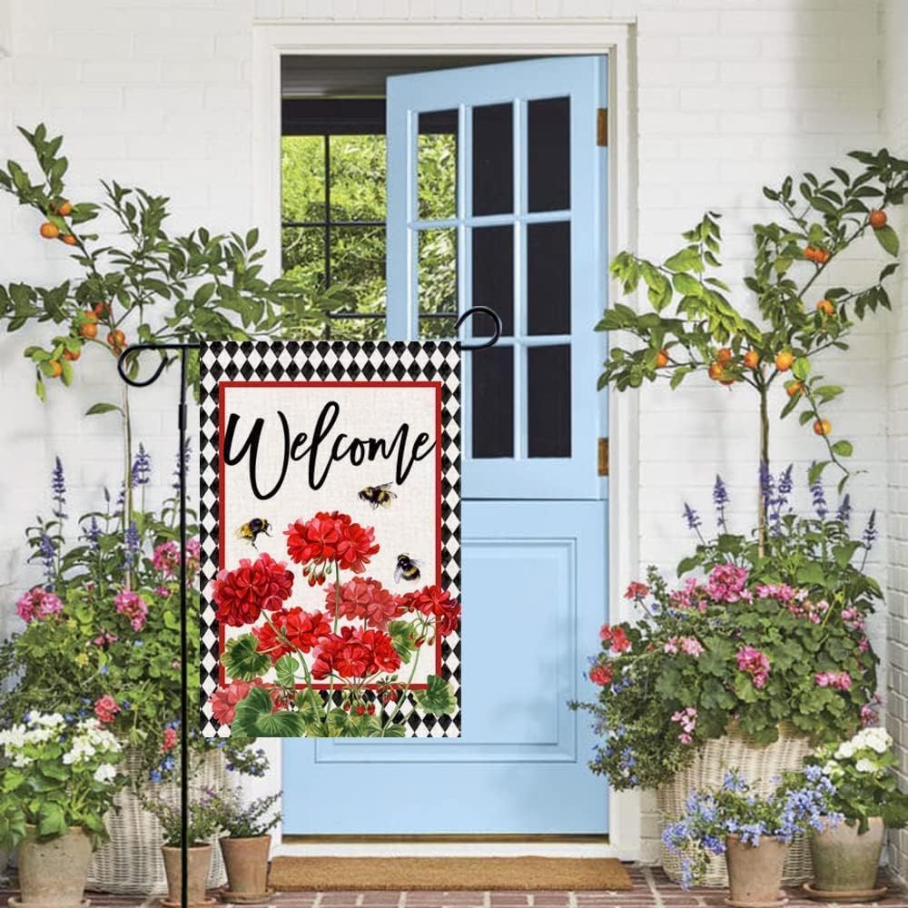 Baccessor red geranium welcome flag on buffalo plaid adds seasonal porch charm