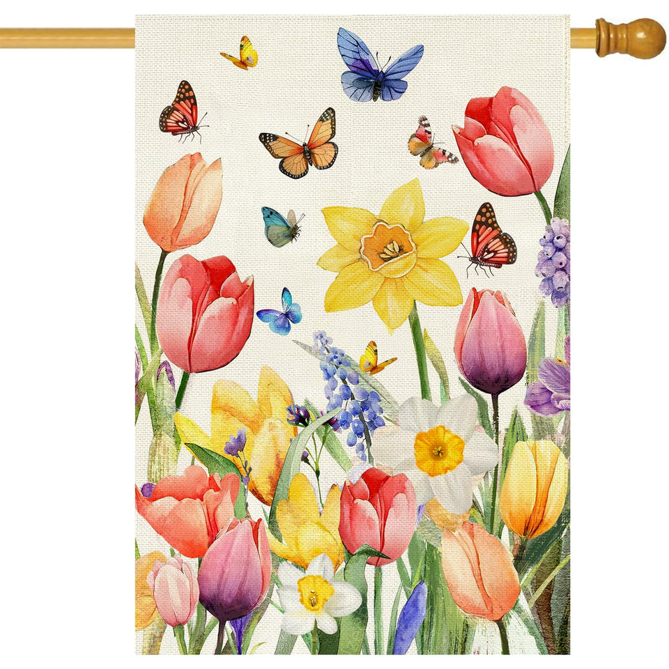 Baccessor Spring Tulip House Flag full-view shows vibrant double-sided print for outdoor welcome