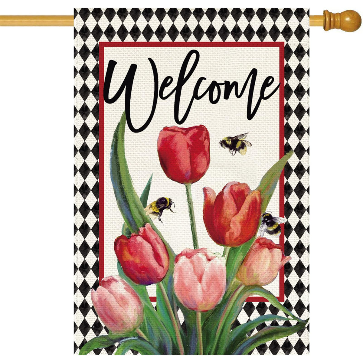 Baccessor Spring Easter Tulip Welcome Flag 28x40 inch reveals vibrant tulips from any angle
