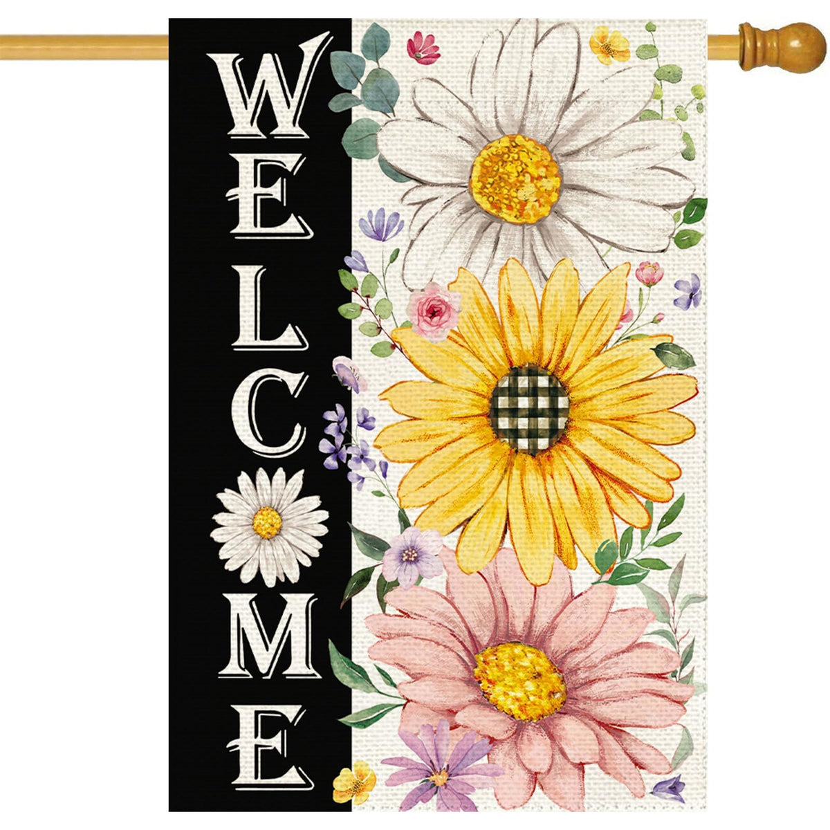 Baccessor spring flag with daisy yellow-pink flowers boosts curb appeal and welcomes guests.