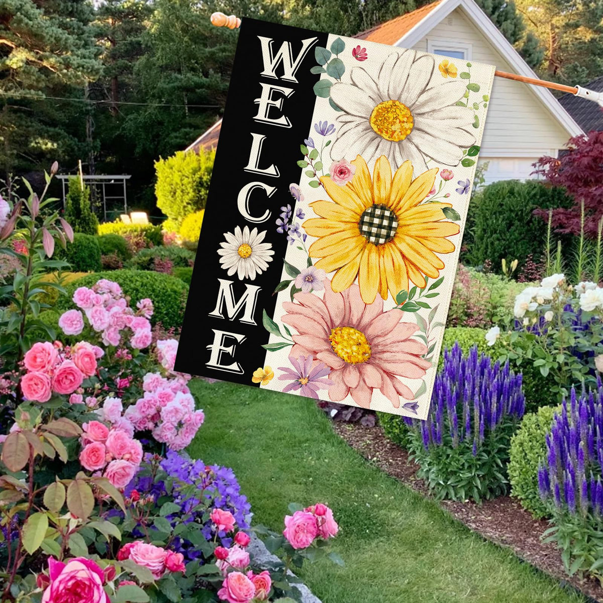 Baccessor daisy-yellow-pink flag design brightens yards for seasonal outdoor decor.