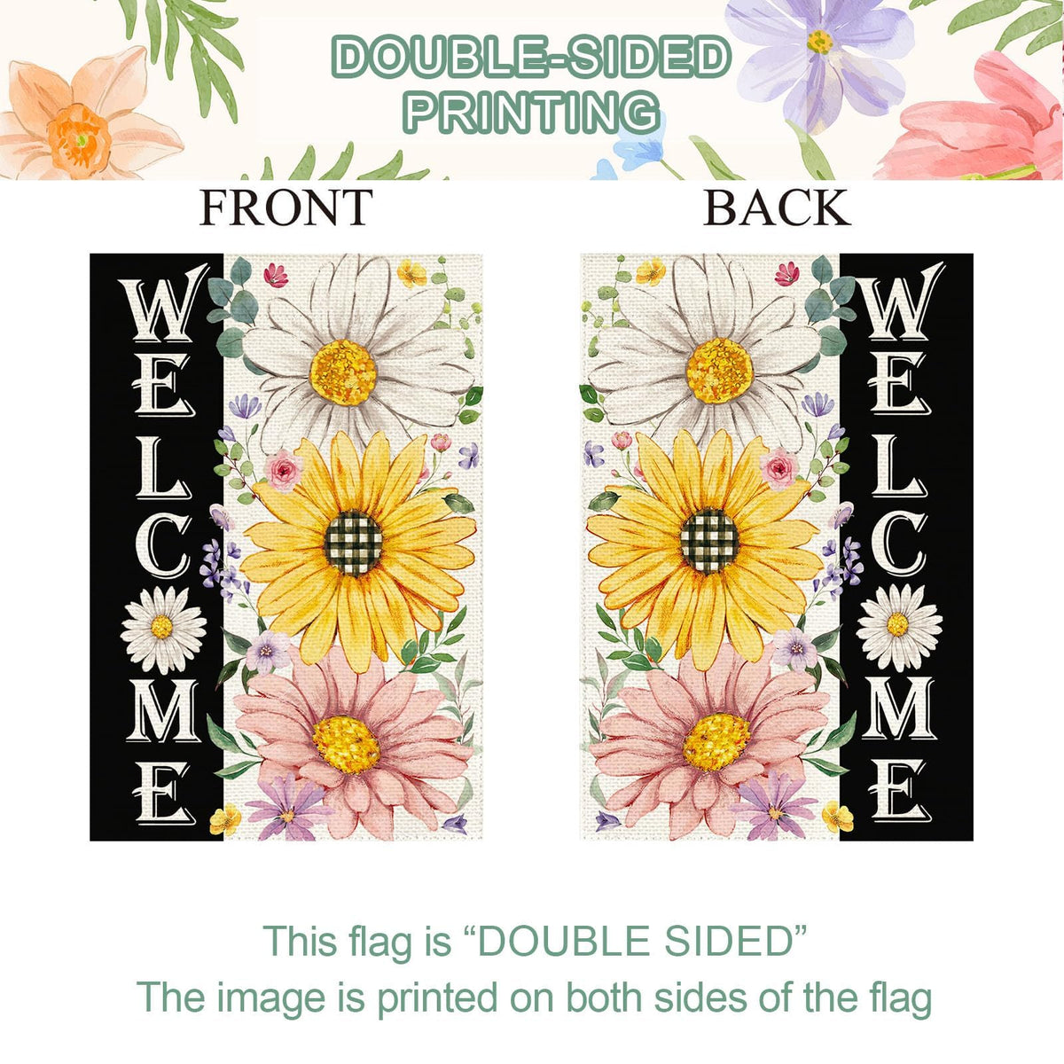 Baccessor spring welcome flag brightens pathways with pink and yellow petals.