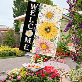 Baccessor floral porch flag complements rustic decor with vivid garden colors.