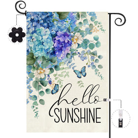 Baccessor Spring Garden Flag with hydrangea blue purple, enhances curb appeal from any angle.