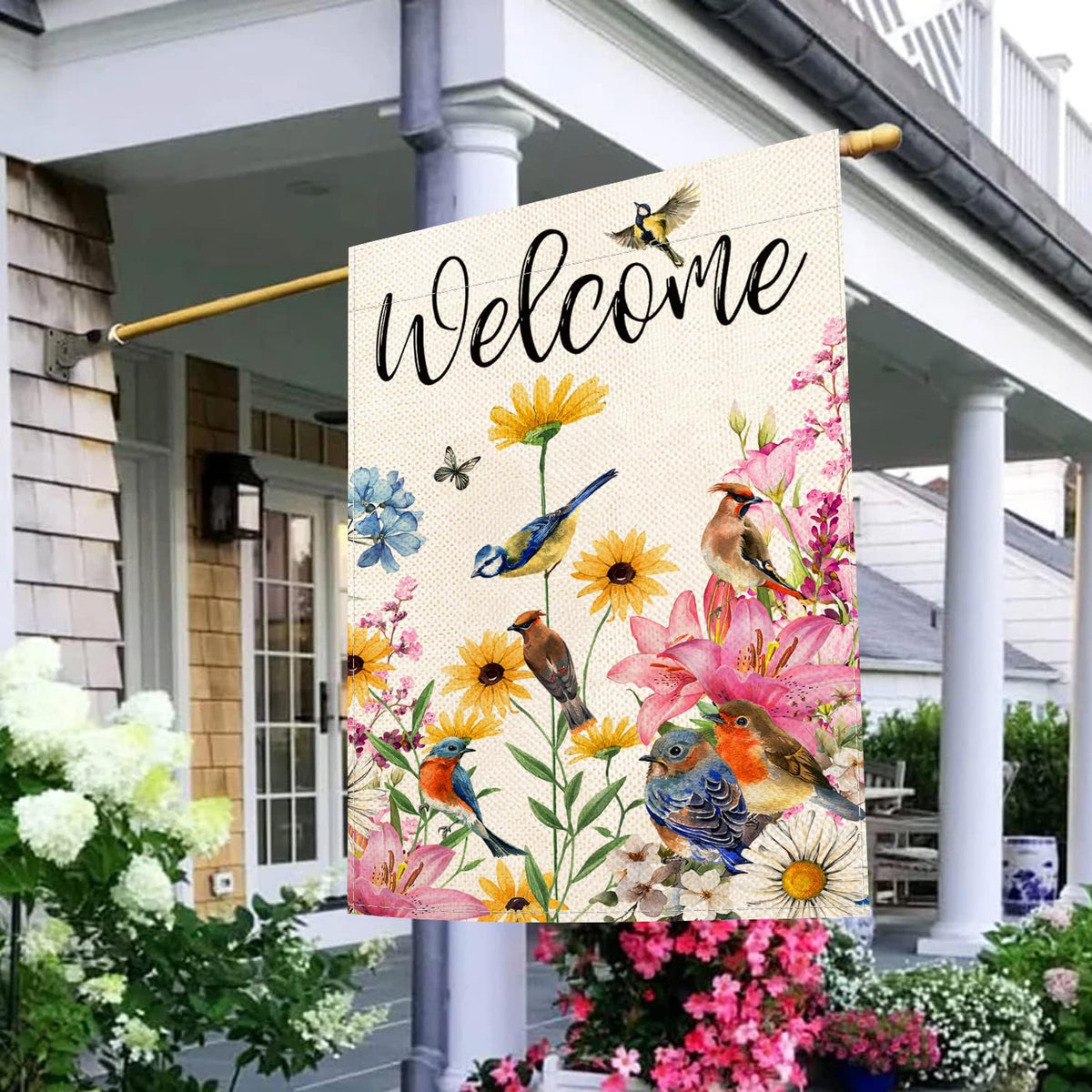 Baccessor Spring House Flag burlap texture adds rustic charm.