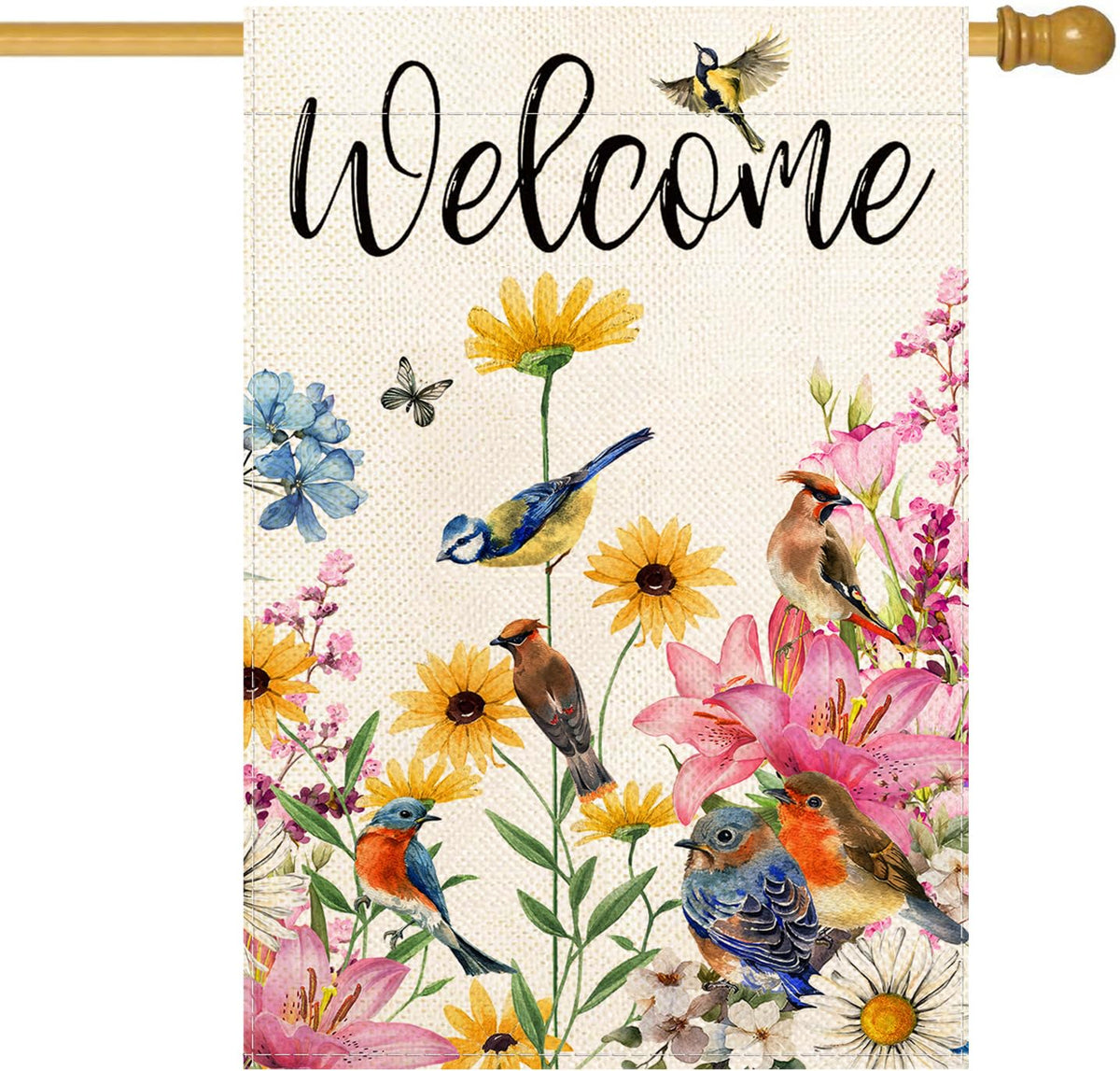 Baccessor Spring House Flag with floral birds and butterflies adds vibrant garden welcome.