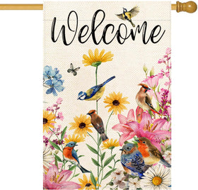 Baccessor Spring House Flag with floral birds and butterflies adds vibrant garden welcome.
