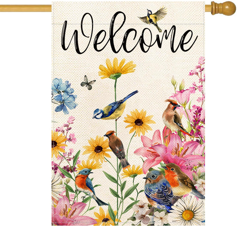 Baccessor Spring House Flag with floral birds and butterflies adds vibrant garden welcome.