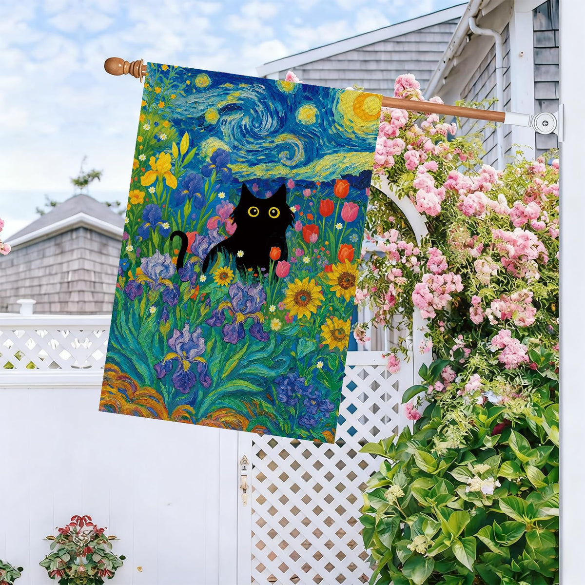 Baccessor flag close-up shows burlap fabric and vivid print.
