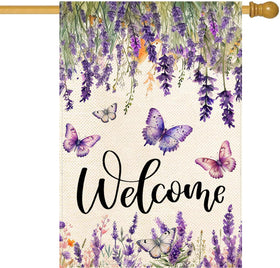 Baccessor lavender butterfly welcome flag, double-sided for vibrant garden display.