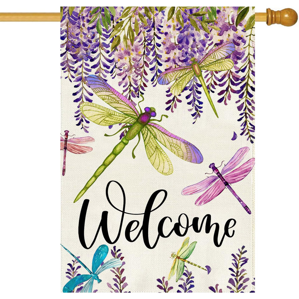 Baccessor flower flag with wisteria and dragonfly brightens outdoor welcome