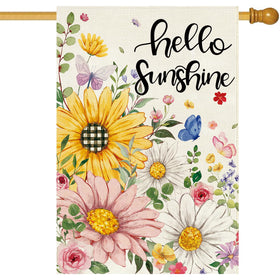 Baccessor flag with sunflowers and daisies brightening a porch