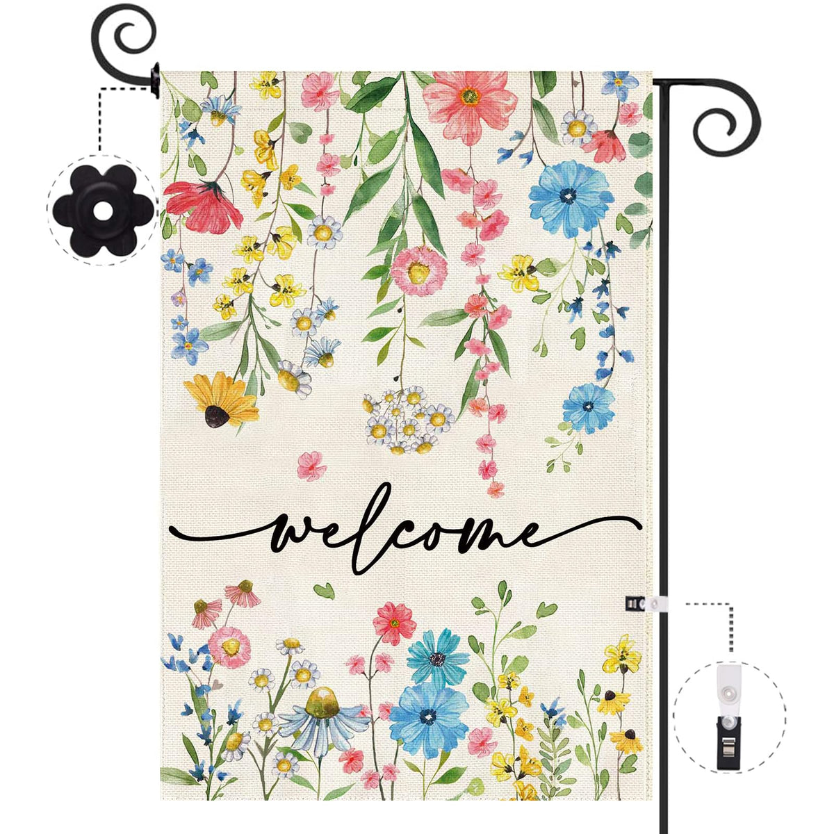 Baccessor Spring Welcome Flag double-sided front view boosts curb appeal.