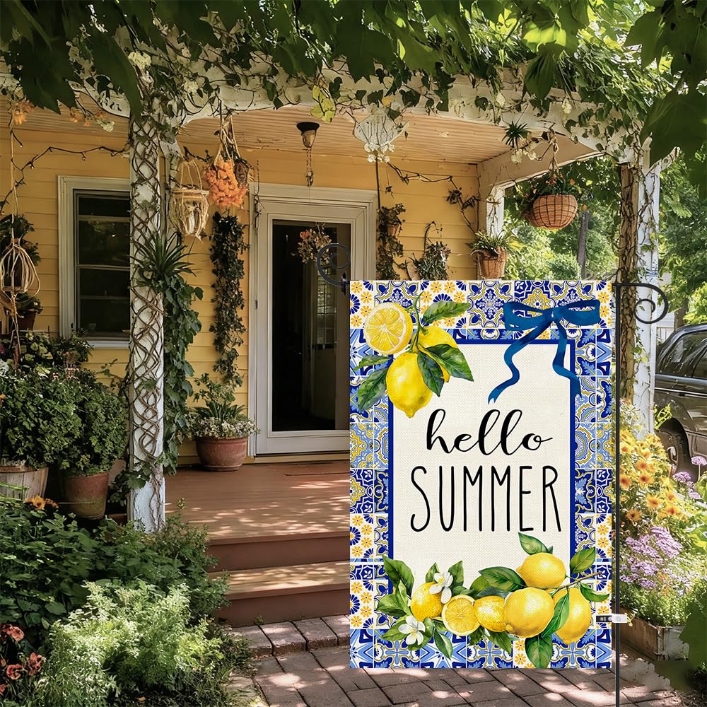 Baccessor hello summer lemon flag enhances outdoor decor.