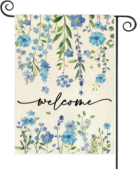 Baccessor Summer Garden Flag blue floral welcome front view, double-sided print for vibrant curb appeal.