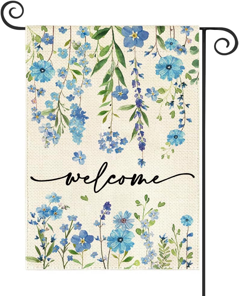 Baccessor Summer Garden Flag blue floral welcome front view, double-sided print for vibrant curb appeal.