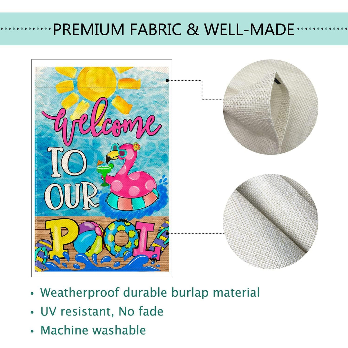 Baccessor Summer Pool Flamingo flag burlap texture close-up highlighting UV fade resistance.