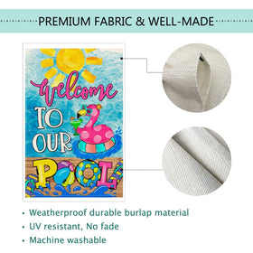 Baccessor Summer Pool Flamingo flag burlap texture close-up highlighting UV fade resistance.