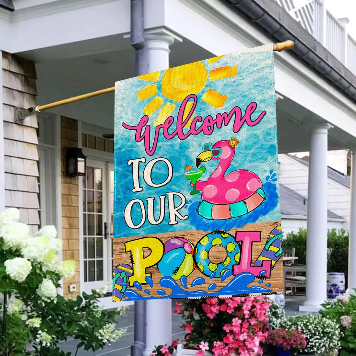 Baccessor Summer Pool Flamingo flag double-sided design reads clearly from both sides.